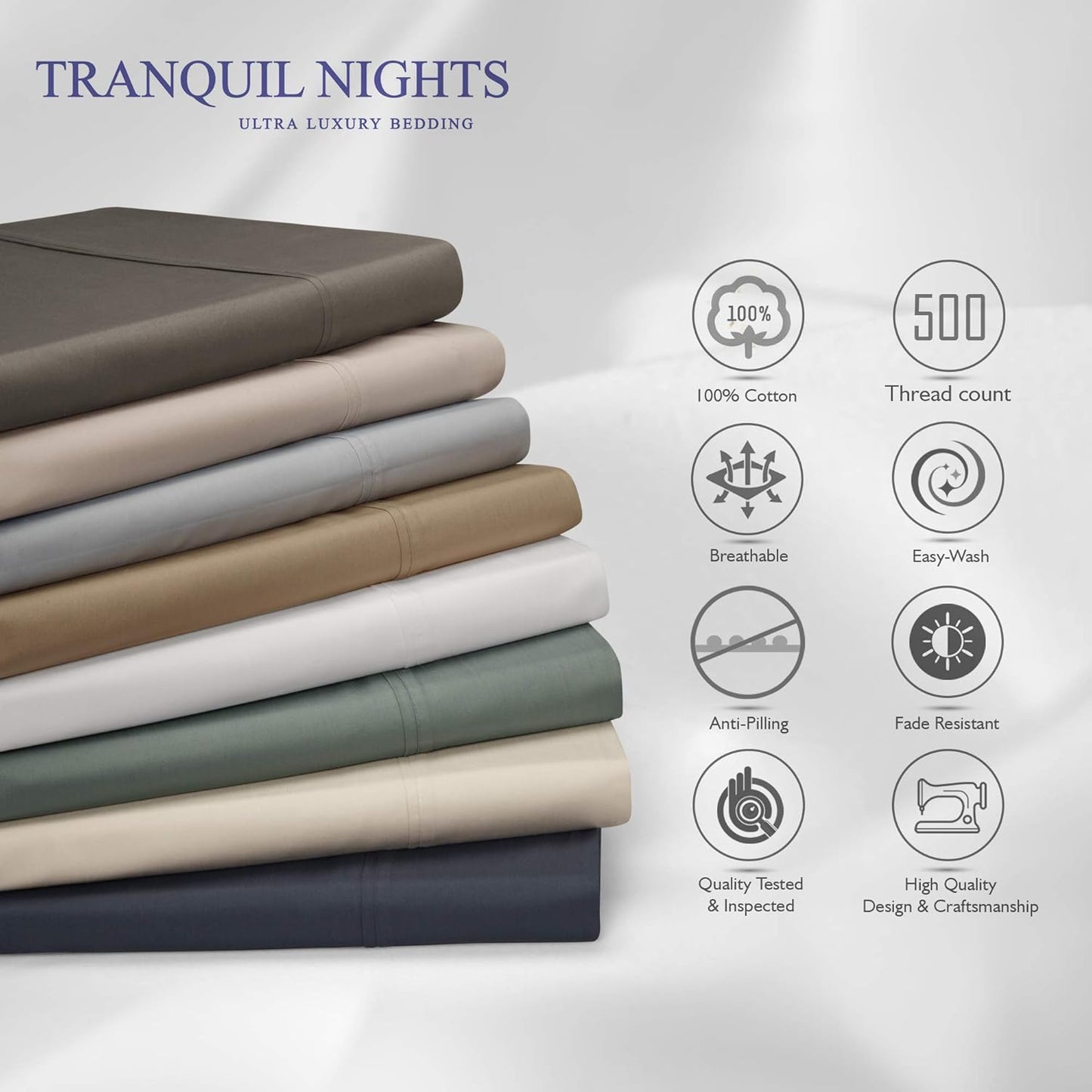 TRANQUIL NIGHTS - 500 Thread Count 100% Cotton Pillowcase Pair, 2-Piece Ivory, Standard/King Pillow Protector, Soft & Silky Sateen Weave Bed Pillow Cover, Fits Pillows Upto 20 x 30 inches