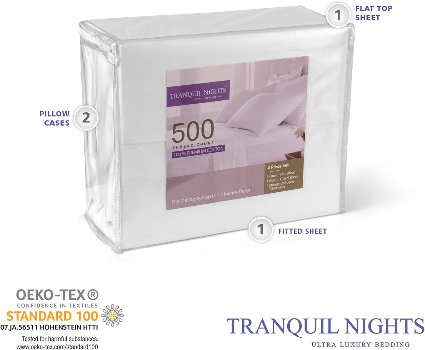 TRANQUIL NIGHTS - 500 Thread Count 100% Cotton Bed Sheet Set, 4-Piece Aqua Full Size Sheets, Soft & Silky Sateen Weave Luxury Bedding, Deep Pocket Sheets to Fit Upto 17" Mattress